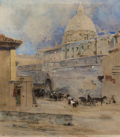 O Vaticano: o Santo Ofício e a Cúpula de São Pedro, Roma (caneta, pincel, wc, tinta e guache sobre papel) de William Walcot