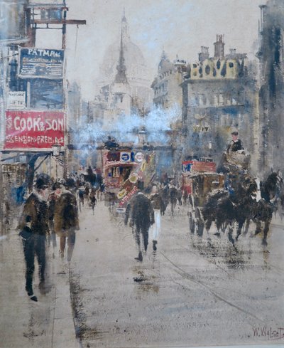 Fleet Street e Ludgate Hill Viaduct com fumo de um comboio que passa, c1910 (aguarela) de William Walcott