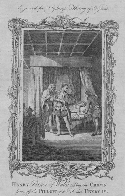 Henrique Príncipe de Gales tirando a coroa do travesseiro deste pai Henrique IV, 1773. de William Walker