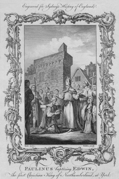 Paulino batizando Edwin, o primeiro rei cristão de Northumberland, em York, 1773. de William Walker