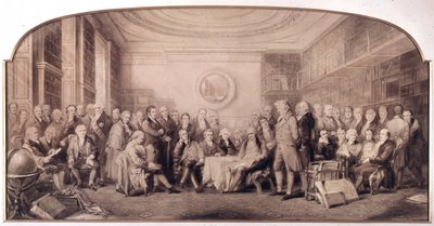 Os homens eminentes da ciência em 1807-1808. Encontro na biblioteca do Royal Institute of Sciences, Inglaterra. Gravura de William Walker e Sir John Gilbert (1817 - 1897) - Eminent Men of Science Living in 1807 - Eminent Men of Science de William Walker