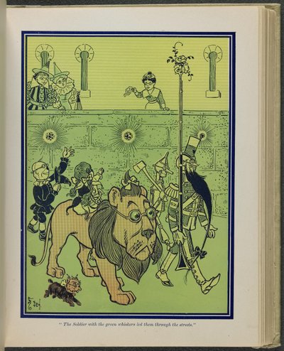 "O soldado de bigodes verdes conduziu-os pelas ruas", ilustração de "O maravilhoso Feiticeiro de Oz" de Lyman Frank Baum de William Wallace Denslow