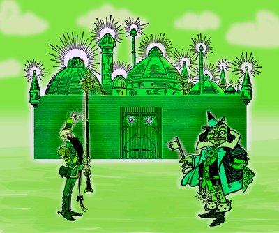 The Wizard of Oz - O Feiticeiro de Oz: Edição de três imagens de Denslow, William Wallace (1856-1915) para a primeira edição de 1900 do livro de Frank Baum (1856-1919) - The Emerald City and its two Guardians - cor verde, verde - The Emerald City - de William Wallace Denslow