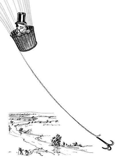 The Wizard of Oz - O Feiticeiro de Oz: desenho de Denslow, William Wallace (1856-1915) para a primeira edição de 1900 do livro de Frank Baum (1856-1919) - O mágico voa no cesto de um balão - de William Wallace Denslow