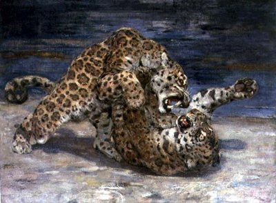 Leopardos Fighting, c.1910 (óleo sobre tela) de William Walls