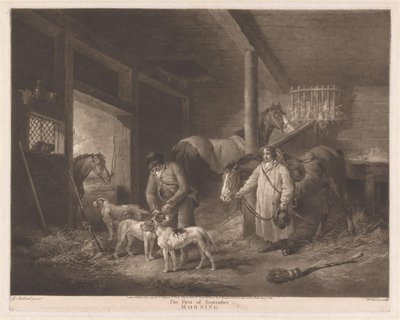 Caçadores no estábulo preparando seus animais O Primeiro de Setembro, Manhã (título no objeto) de William Ward