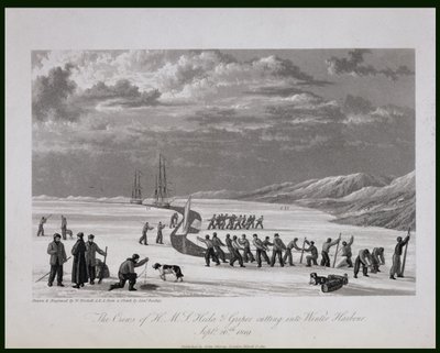 As tripulações do HMS Hecla und Griper em Winter Harbor, em 26 de setembro de 1819, de "Journal of a Voyage para a Descoberta de uma Passagem Noroeste do Atlântico para o Pacífico" de William Westall
