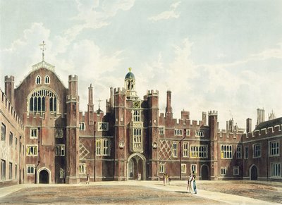 Vista, de, a, quadrângulo, em, hampton, corte, palácio, de, Pyne&39;s, &39;Royal, Residences&39;, gravado, por, thomas, Sutherland, (bc1785), publicado, em, 1819 de William Westall