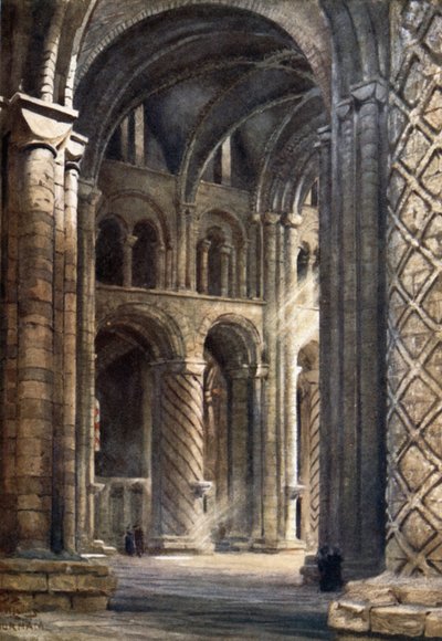 Durham, Interior da Catedral, olhando através da nave para o Transepto Sul (lito colorido) de William Wiehe Collins