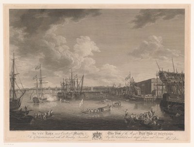 Vista do Estaleiro Deptford (...) Vista do Royal Dock Yark em Deptford (...) (título no objeto) de William Woollett