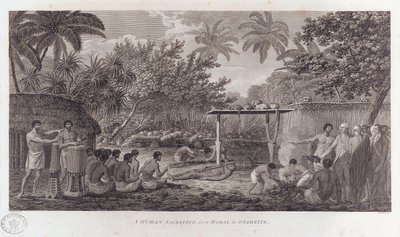 Sacrifício humano no Taiti no Pacífico Sul, c1773 de William Woollett