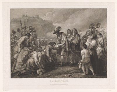 Carlos II da Inglaterra chega à praia de Dover, 25 de maio de 1660 Restauração (título no objeto) de William Woollett