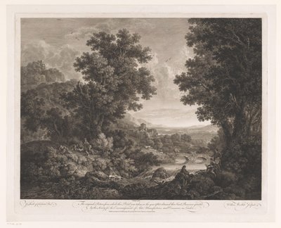 Paisagem com figuras ao redor de um incêndio e um desenhista e jogador de shawm na margem de um rio Primeira paisagem premium de William Woollett