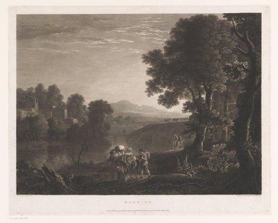 Paisagem com pastores e mulher na mula na margem de um rio Manhã (título no objeto) de William Woollett