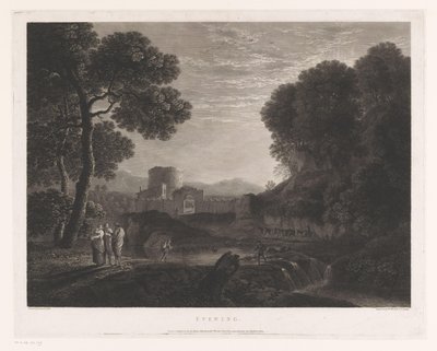 Paisagem com portão e torre na margem de um rio Noite (título no objeto) de William Woollett