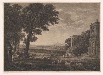 Paisagem com pai de Psique sacrificando em frente ao templo de Apollo de William Woollett