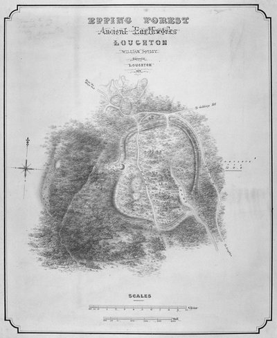 Mapa dos antigos trabalhos de terraplanagem em Loughton Camp feitos por volta de 52 dC em Epping Forest, Essex, 1876 de William d