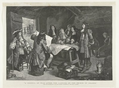 William III detém o conselho de guerra na cabana de um pescador, 1688 Um conselho de guerra após o desembarque do Príncipe de Orange (título no objeto) de Williamson