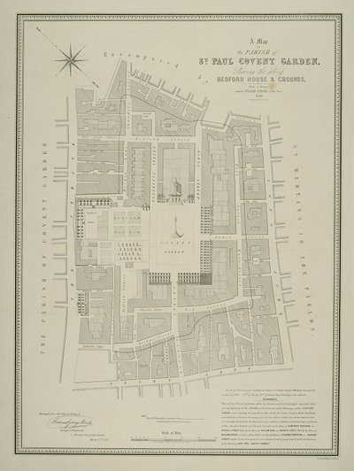 Mapa da paróquia de São Paulo, Covent Garden, mostrando o local da Bedford House and grounds, publicado por WP Metchim, 1686 de Willian Leybourn