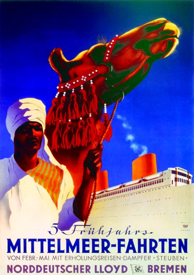 "5 Spring Mediterranean Cruises", cartaz publicitário da Bremen North German Lloyd Line de Willy Hanke