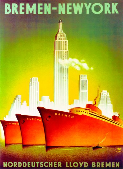 "Bremen - Nova Iorque", cartaz publicitário da North German Lloyd Line de Willy Hanke