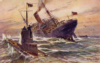 Destruição de um navio mercante britânico por um submarino alemão, Primeira Guerra Mundial de Willy Stöwer