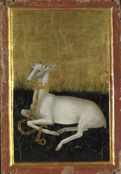 Um cervo branco acorrentado com uma coroa no pescoço O painel externo do Wilton Diptych, Entre 1395 e 1399 de Wilton Master
