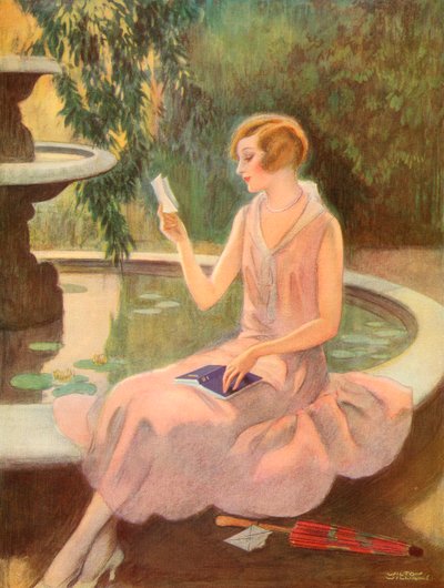 Jovem lendo uma carta de amor ao pé de uma fonte, c.1925 (serigrafia) de Wilton Williams