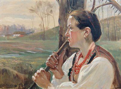 Menina com Rake, c.1914 (óleo a bordo) de Wincenty Wodzinowsky