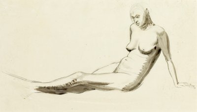 Nua sentada, c.1919 (caneta e lavagem a lápis) de Winifred Knights