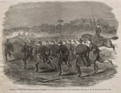 Carga do primeiro regimento de Massachusetts em um poço de fuzil rebelde perto de Yorktown, 1862. de Winslow Homer