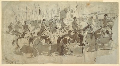 Desenho do Sexto Regimento de Cavalaria do General McClellan a embarcar em Alexandria para Old Point Comfort, 2 de abril de 1862 de Winslow Homer