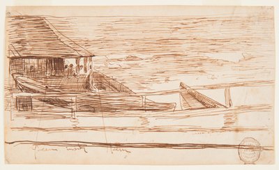 Desenho, Casa num corrimão com dories encalhados, Cullercoats, Inglaterra, 1881 de Winslow Homer