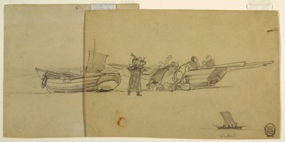 Desenho, Homens e mulheres a descarregar um barco de pesca, Cullercoats, Inglaterra, 1881-82 de Winslow Homer