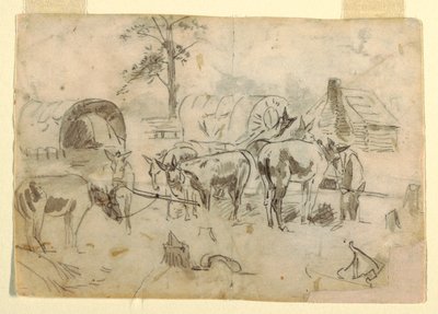 Desenho, Mulas em repouso amarradas a carroças, 1862 de Winslow Homer
