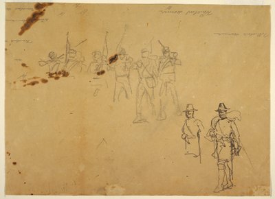 Desenho, esboços de figuras de infantaria simples e assinaturas práticas, 1862 de Winslow Homer