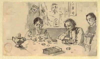 Desenho, Três homens chineses a jogar dominó num clube de Baxter Street, Nova Iorque, ca. 1874 de Winslow Homer