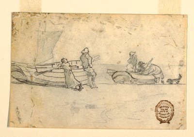 Desenho, Dois barcos na praia com figuras, Cullercoats, Inglaterra, 1881-82 de Winslow Homer