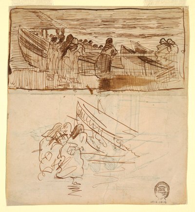 Desenho, Dois estudos de mulheres assistindo ao lançamento de dories, Cullercoats, Inglaterra, 1881 de Winslow Homer