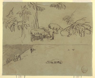 Desenho, Duas vistas de ovelhas a pastar num campo, provavelmente 1875-78 de Winslow Homer