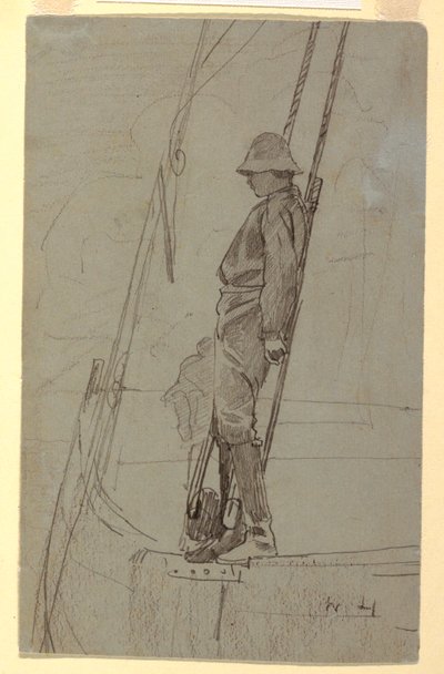 Desenho, Jovem encostado ao cordame de um barco à vela, provavelmente 1861-62 de Winslow Homer