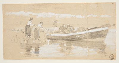 Pescador e mulheres arrumando redes em um Dory encalhado, Cullercoats, Inglaterra de Winslow Homer