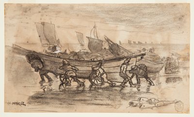 Pescadores encalhando um Dory, Cullercoats, Inglaterra de Winslow Homer