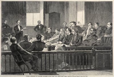 Jurados ouvindo um advogado, Supremo Tribunal, New City Hall, Nova York, 1869. de Winslow Homer