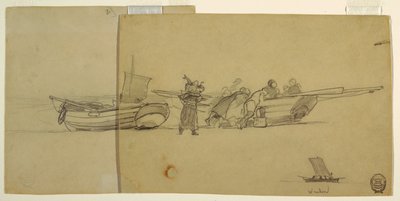 Homens e mulheres descarregando um pescador Dory, Cullercoats, Inglaterra de Winslow Homer