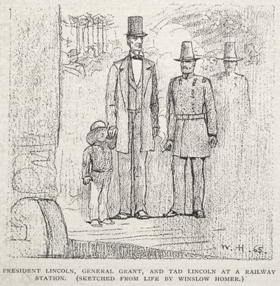 O Presidente Lincoln, o General Grant e Tad Lincoln numa estação ferroviária de Winslow Homer