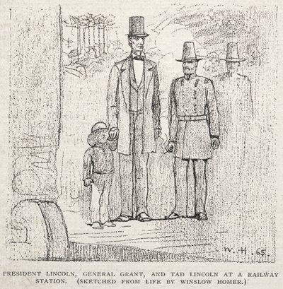 Presidente Lincoln, General Grant e Tad Lincoln em uma estação de trem, 1887. de Winslow Homer