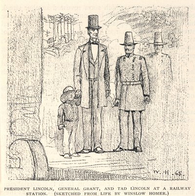 O Presidente Lincoln, o General Grant e Tad Lincoln numa estação de caminho de ferro, da The Century Magazine, novembro de 1887 de Winslow Homer