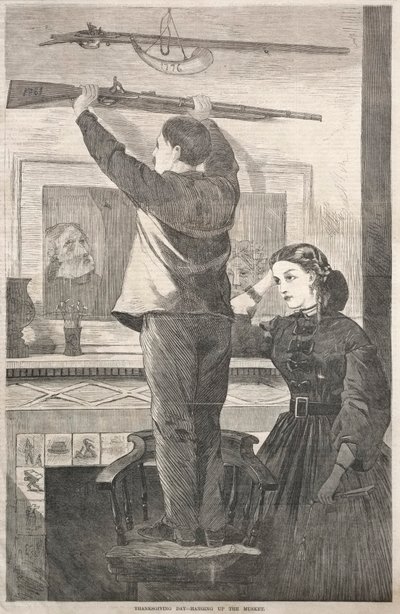 Dia de Ação de Graças - Pendurando o Mosquete, 1865. de Winslow Homer