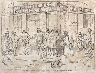 The Cold Term, Boston - Cena, Corner Milk e Washington Streets, 1858. de Winslow Homer